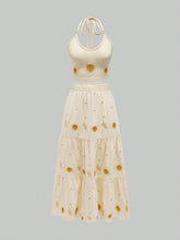 ROMWE Fairycore Seaside Vacation French Retro Star And Moon Embroidered Halter Neck Skirt Set For Women